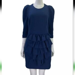 3.1 Philip Lim Navy Blue Puff Sleeve Ruffle Wool Stretch dress Size 2